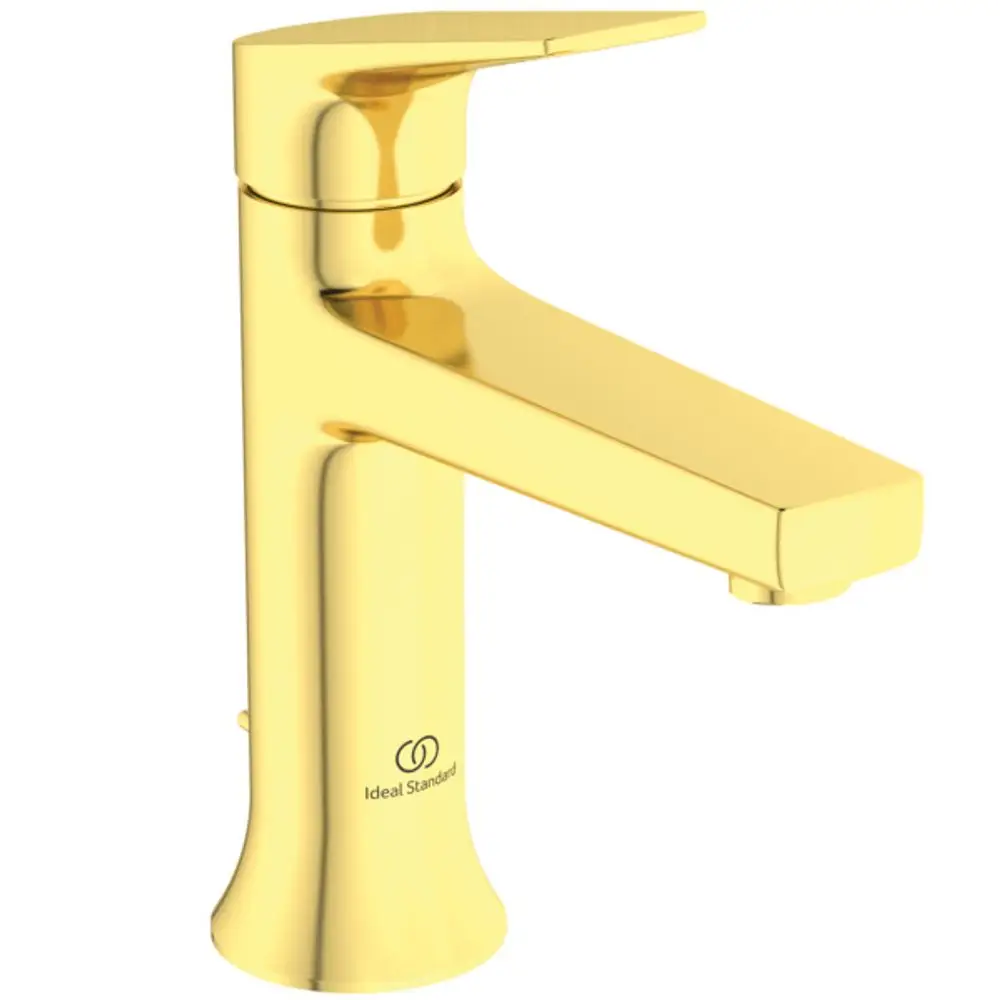 Waschtischarmatur in glänzendem Goldfinish, hergestellt von Ideal Standard. Mit einer klaren, geraden Wasserführung und einem Hebel zur Temperatureinstellung.